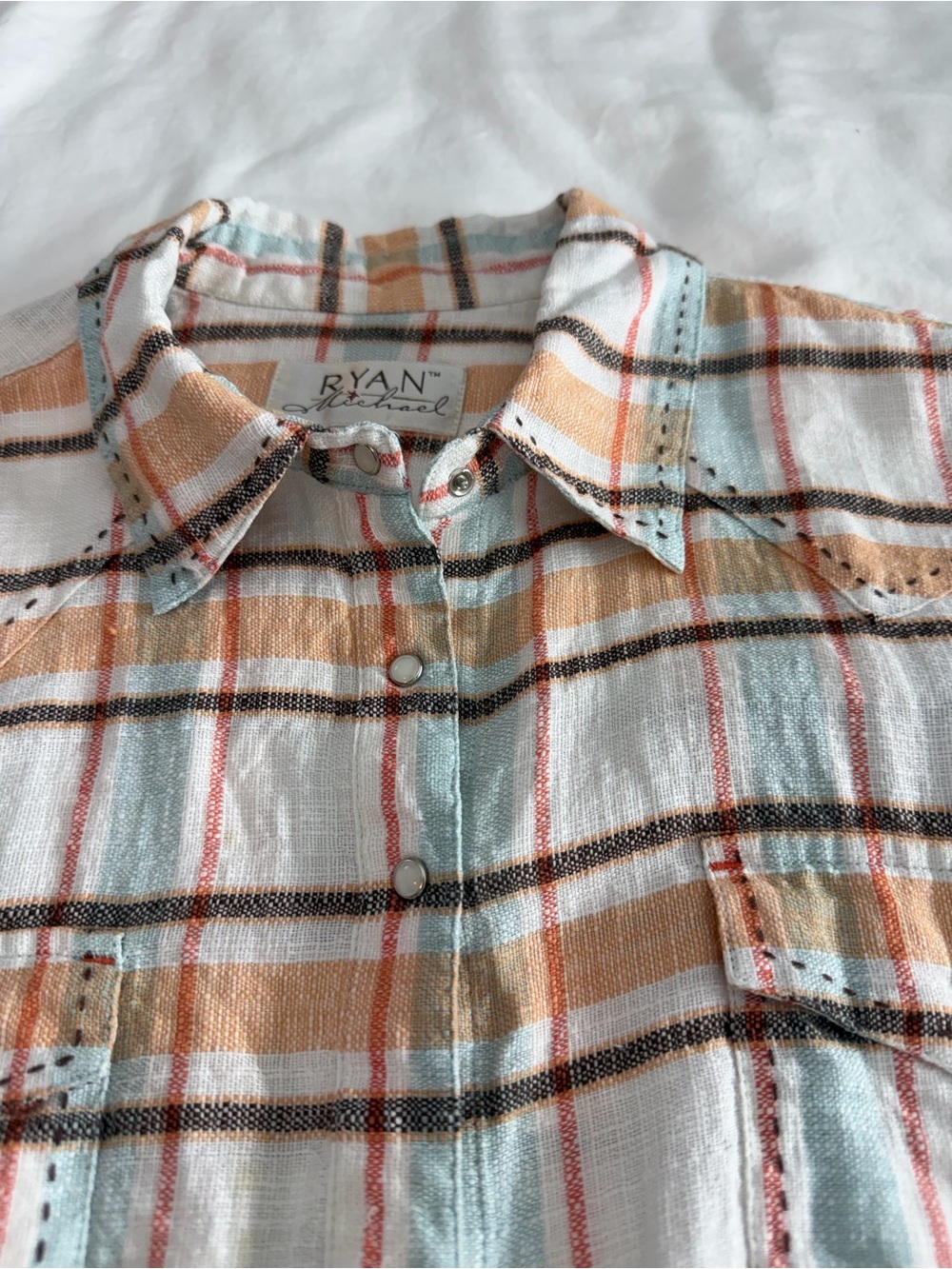 Women’s Ryan Michael 100% Linen Plaid Button-Up Shirt in Cream, Pearl Snap med